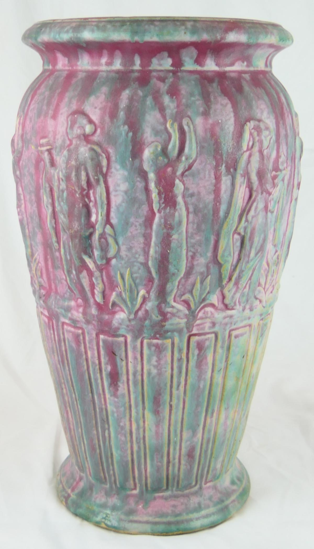 BURLEY-WINTER GRECIAN FIGURES POTTERY TALL VASE: Burley-Winter, Crooksville, Ohio pottery vase depicting Classical Grecian figures. Measures approx. 17 1/4" height x 10 3/4" diameter (43.8cm x 27.3cm).