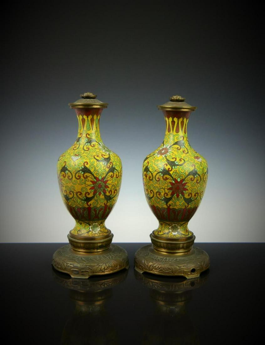 PAIR CHINESE CLOISONNE ENAMEL LAMP BASES (1 of 7)