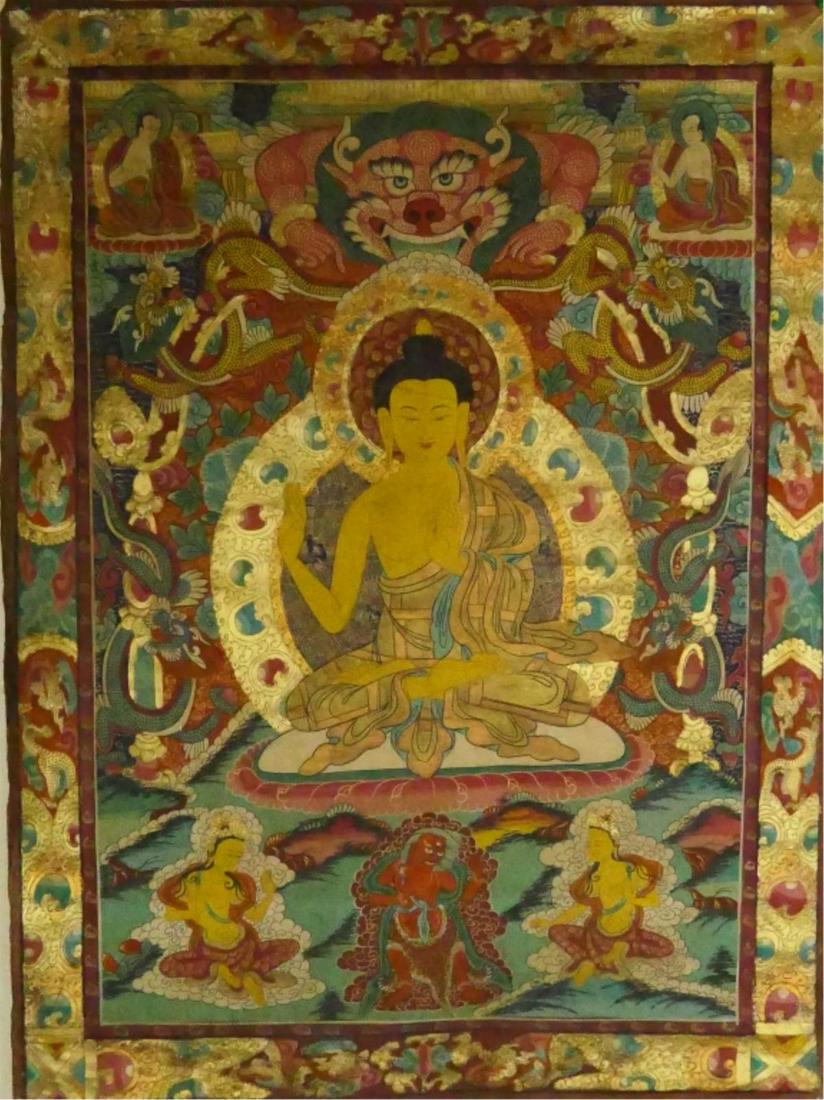 ANTIQUE BUDDHIST 4 DEITY DRAGONS THANGKA OIL (1 of 8)