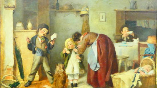 WILLIAM MULREADY (UK 1786-1863) "SCHOOL TIME" OIL: William Mulready (UNITED KINGDOM / IRELAND / ENGLISH, 1786 - 1863) oil painting on canvas titled "School Time" depicting an interior scene with a mother struggling to get the children ready for school