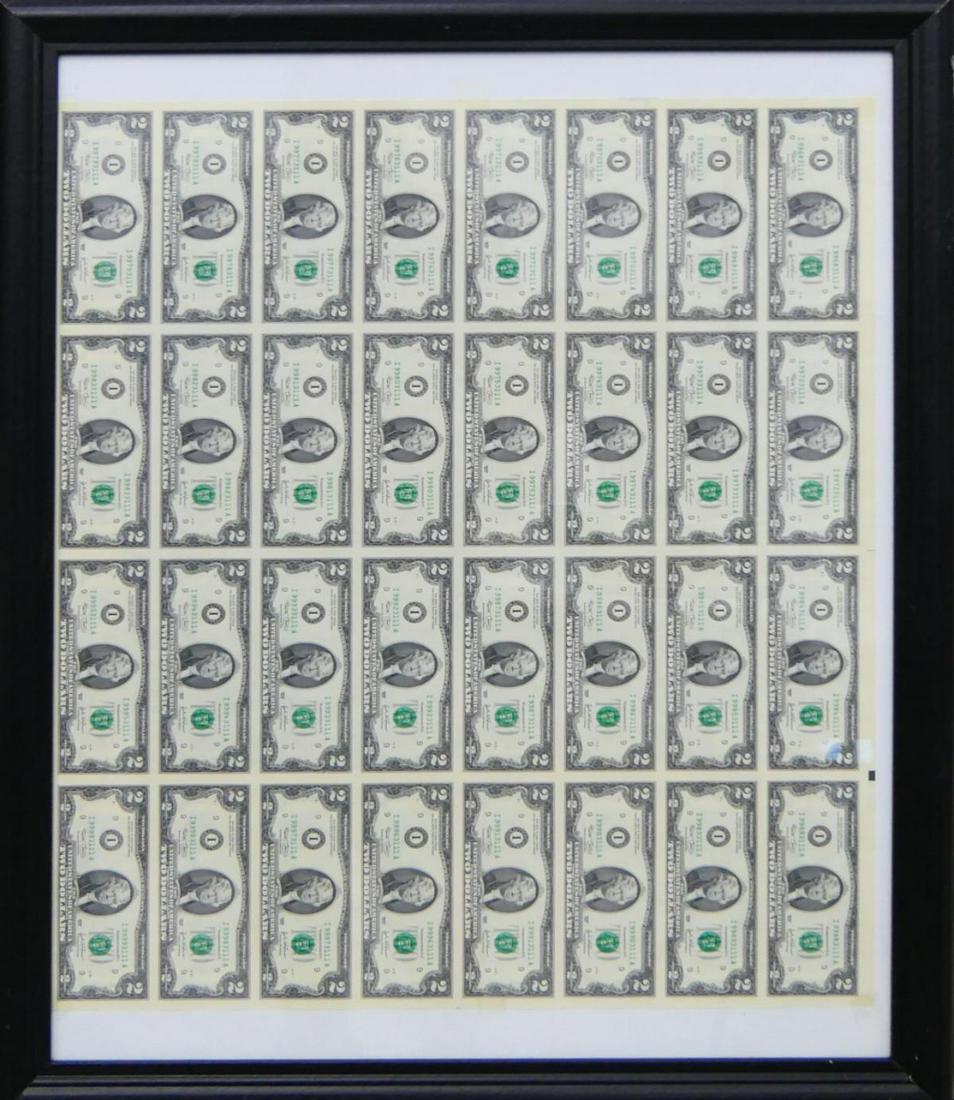 2003 UNCUT MINT SHEET OF 2 DOLLAR BILLS FRAMED (1 of 2)