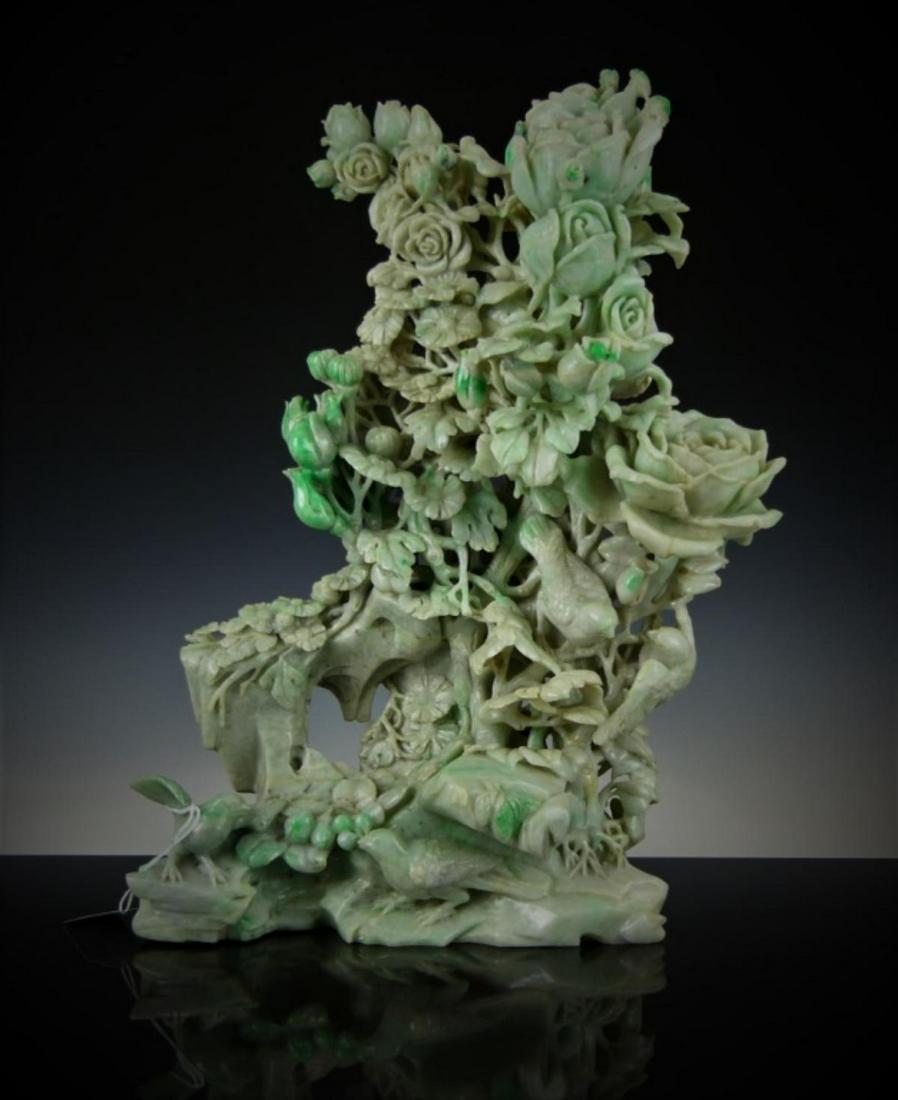 LARGE CHINESE GREEN & WHITE JADEITE PEONY SCULPTURE (1 of 18)