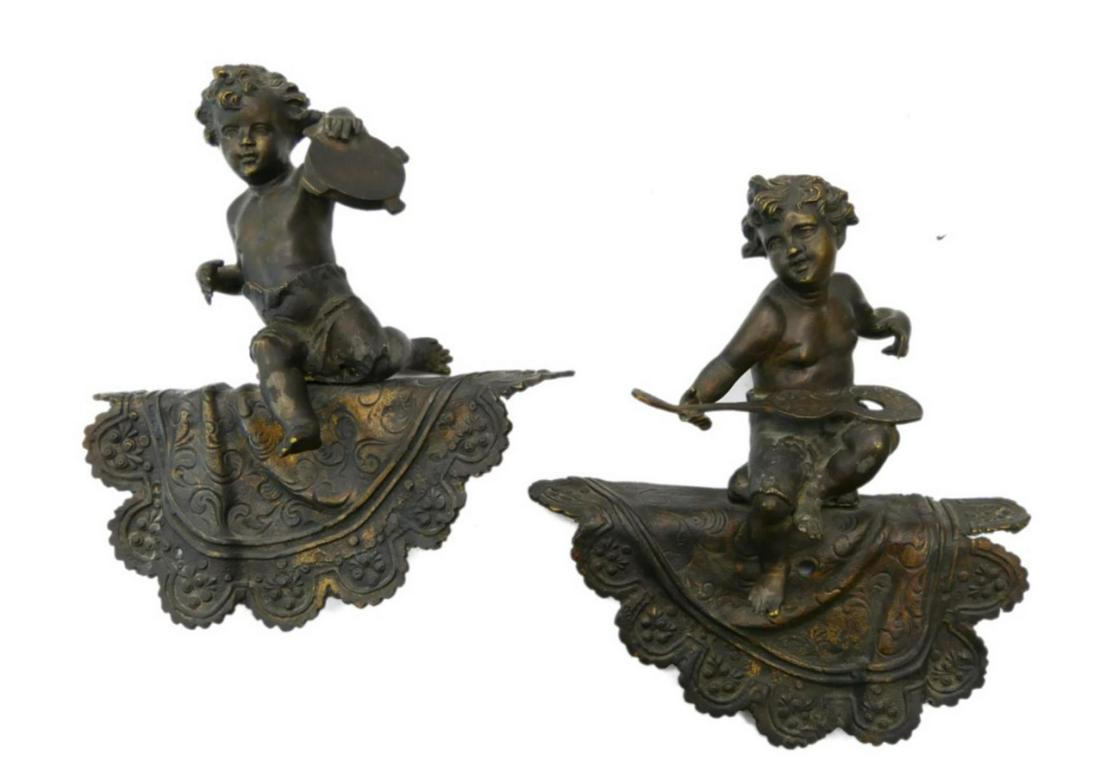 PAIR OF ANTIQUE SPELTER PUTI WALL SCONCES (1 of 8)