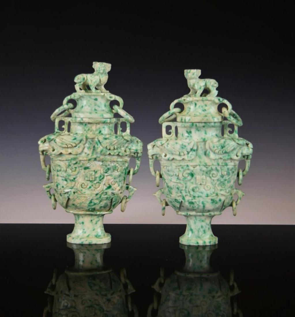 Pr CHINESE GREEN & WHITE JADE TONE SOAPSTONE URNS (1 of 8)