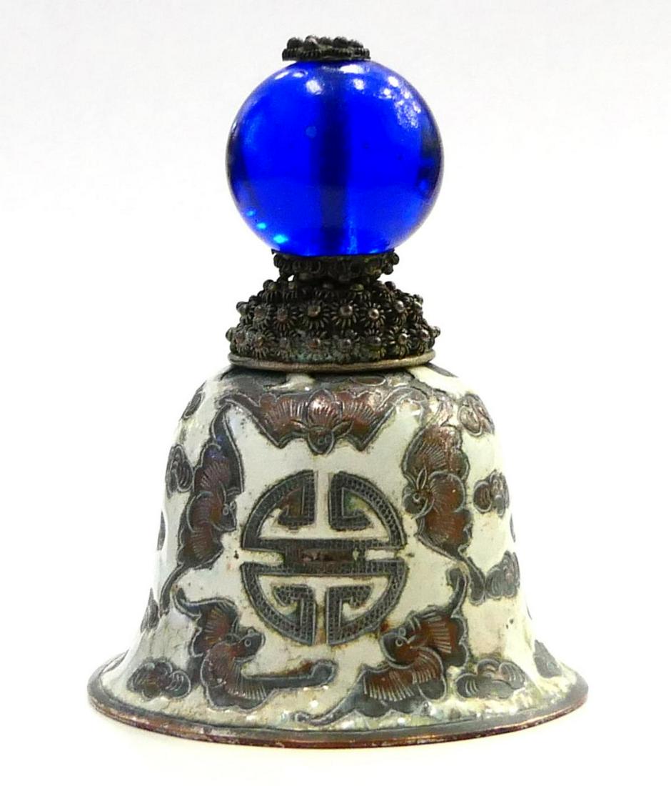 CHINESE ANTIQUE SILVER ENAMELED BELL W/ TURQUOISE: Measures 3 3/4" tall, with blue glass finial, and a turquoise clapper. Weighs 92 grams. Third party shipping required