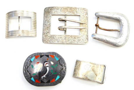 5 VINTAGE ANTIQUE STERLING SILVER BELT BUCKLE: A lot of 5 vintage and antique sterling silver belt buckles to include a Zuni turquoise, red coral, black onyx, malachite and jasper inlaid bird buckle signed "q. quamsi"?, Simons Brothers & Co, Hicko