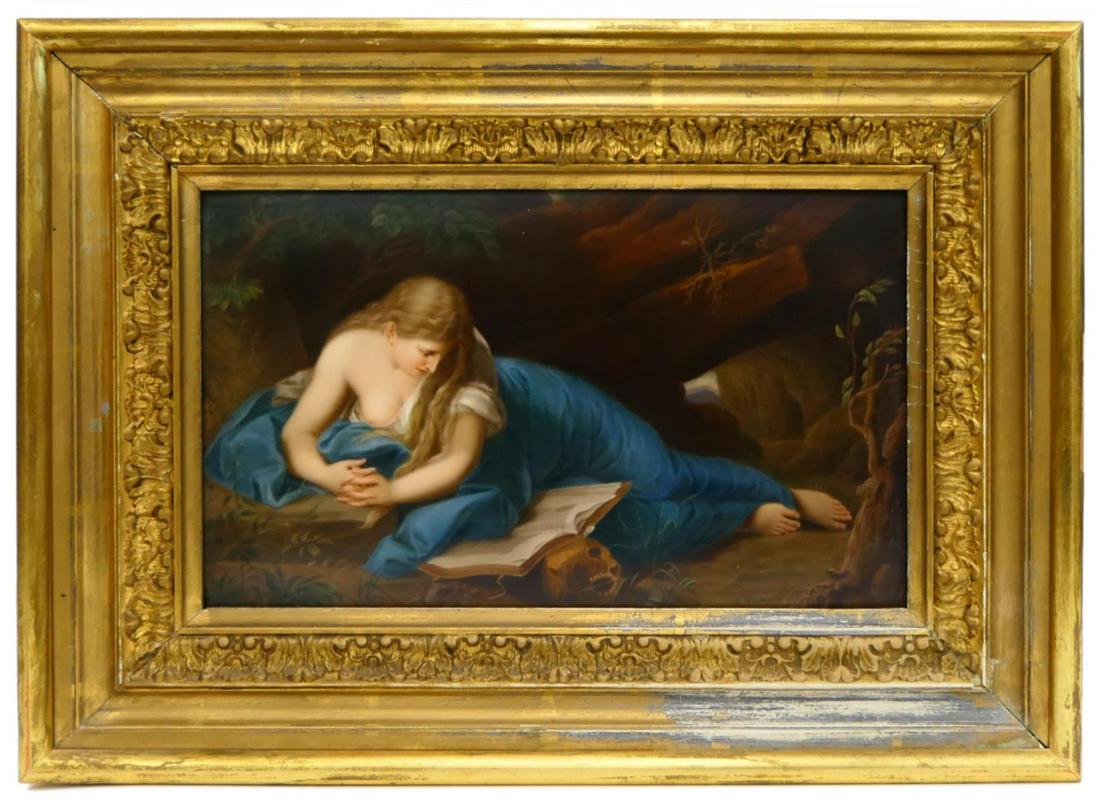 LARGE KPM PLAQUE OF THE PENITENT MAGDALENE: Large well done plaque , that measures a large 14" wide X 8" tall. Plus Original frame is included. Plaque is signed . German, 19th century, after 18th century artist Battoni, rectangular, depicting M
