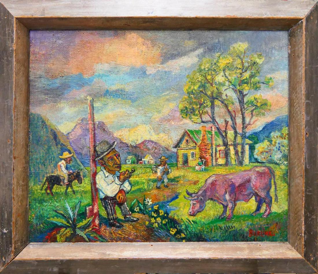 DAVID BURLIUK (Russian. 1887-1962) OIL PAINTING: DAVID BURLIUK (Russian. 1887-1962) OIL PAINTING, depicting a Mexican or South American Landscape with Figures and Cow. Signed Burliuk lower right. Painted on a burlap type of canvas. This is attribute