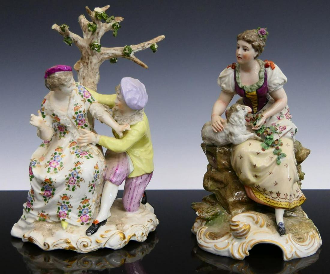 2 GROUPS OF ANTIQUE MEISSEN PORCELAIN: One depicts a girl with lamb, and the other a courting couple . Tallest stands 7 3/4" . Both bear the blue cross swords under glaze. Third party shipping required