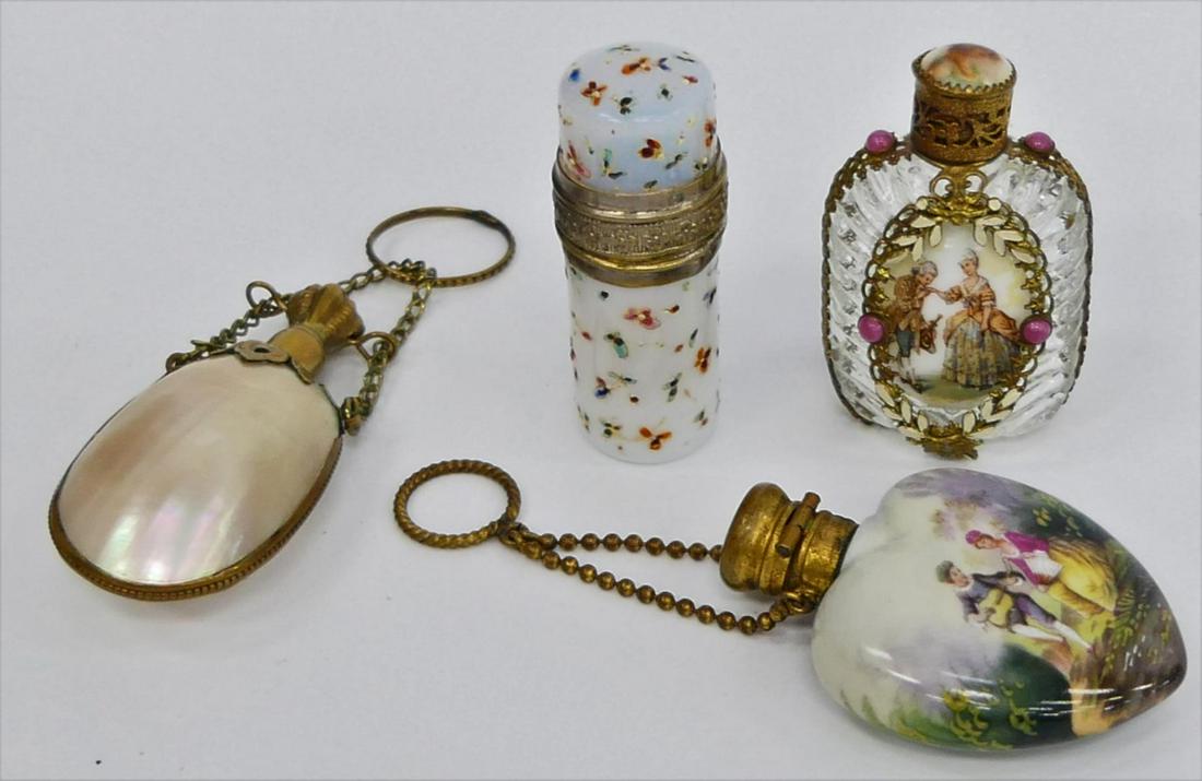 LOT OF 4 ANTIQUE MINIATURE RARE PERFUMERS: To include; crystal bottle with hand painted plaque of French lovers courting, also French white opaline tube with stopper floral painted, small double abalone shell perfumer with brass support, and s
