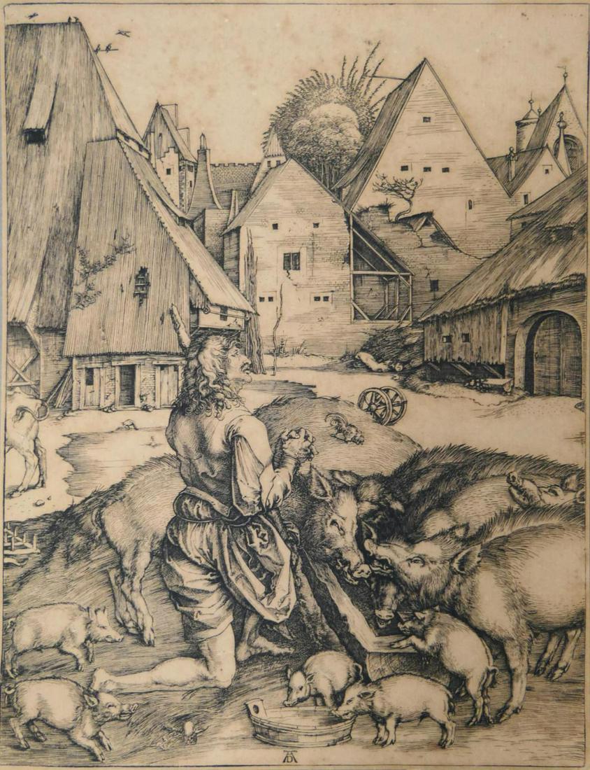 ALBRECTH DURER "PRODIGAL SON" ENGRAVING: Albrecht Durer (GERMAN, 1471 - 1528) original "Prodigal Son" engraving laid on paper. Etching measures approx. 9 3/4" height x 7 5/8" width (24.7cm x 17.4cm).