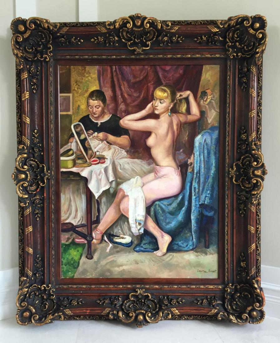 LAURA KNIGHT (UK 1877-1970) SELF PORTRAIT w/ MODEL: After Dame Laura Knight (UNITED KINGDOM / ENGLAND, 1877 - 1970) large oil painting on canvas titled “Self Portrait with Model“ depicting a partially nude ballet dancer doing her hair as Knight is