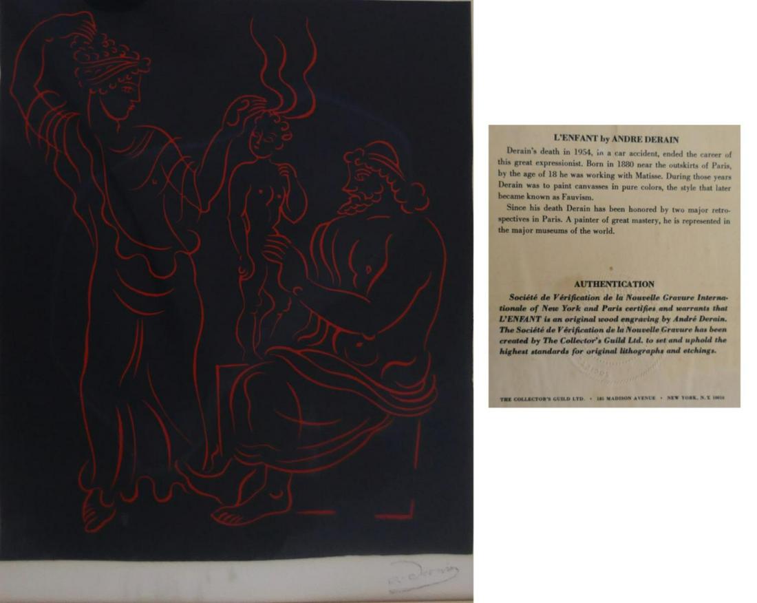 ANDRE DERAIN (FRANCE 1880-1954) L'ENFANT ENGRAVING: Andre Derain (FRENCH, 1880 - 1954) original woodcut engraving titled "L'Enfant" depicting a family of three in red over black ground. Pencil signed to lower right. Retains Authentication label to vers