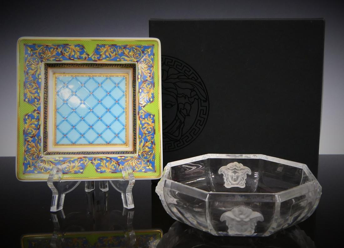 VERSACE LOT GLASS BOWL & PORCELAIN TRAY: Versace signature frosted 8 sided 5" crystal bowl in original box, along with a Rosenthal for Versace 5" square tray. Third party shipping is required