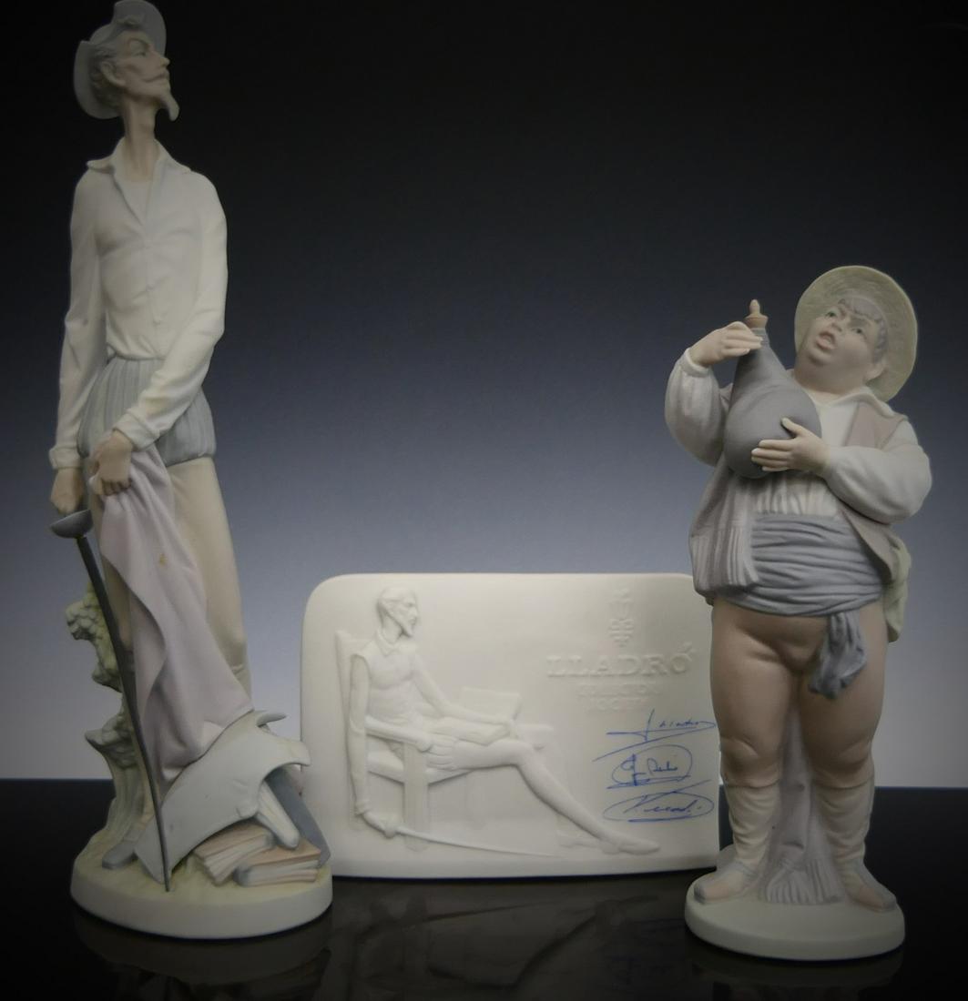 3pc LLADRO PORCELAIN DON QUIXOTE GROUP: A lot of three Lladro Spanish matte porcelain Don Quixote items to include "Don Quixote Standing Up" #4854, "A Toast by Sancho" #5165 and "Charter Member Plaque" #7601. Tallest measures approx. 12" he