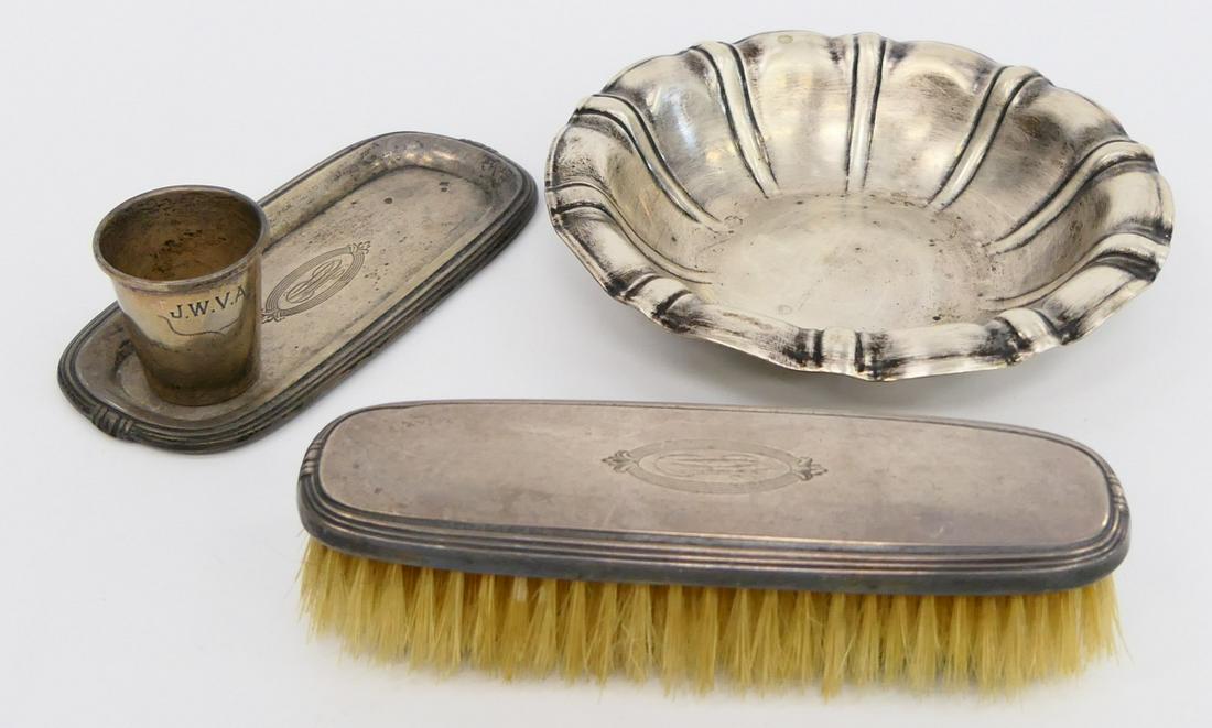 LOT OF VARIOUS STERLING SILVER ITEMS: A lot of various sterling silver items to include a clothes brush, dish shot glass and round bowl. Each with hallmarks and marked sterling. Longest approx. 6 1/4" width (15.8cm). Total weight approx.