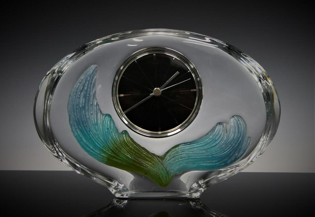 DAUM FRANCE PATE DE VERRE & CRYSTAL DESK CLOCK: Daum France applied Pate de Verre aqua and emereald art glass and clear crystal table / desk clock. Has quartz movement. Signed "Daum France" to lower front. Measures approx. 5 3/8" height x 8" width 
