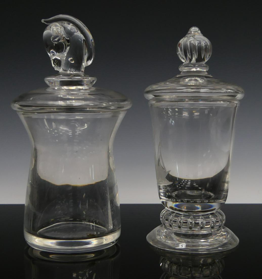 2 UNUSUAL SMALL APOTHECARY JARS KNIGHT & BISHOP: Each measures about 6 1/2" tall Both hand blown late 19th/early 20th century. One has a gladiator etched to side. Provenance: property of Gregory Maldonado, grandson of Angel Maldonado; owner of one o