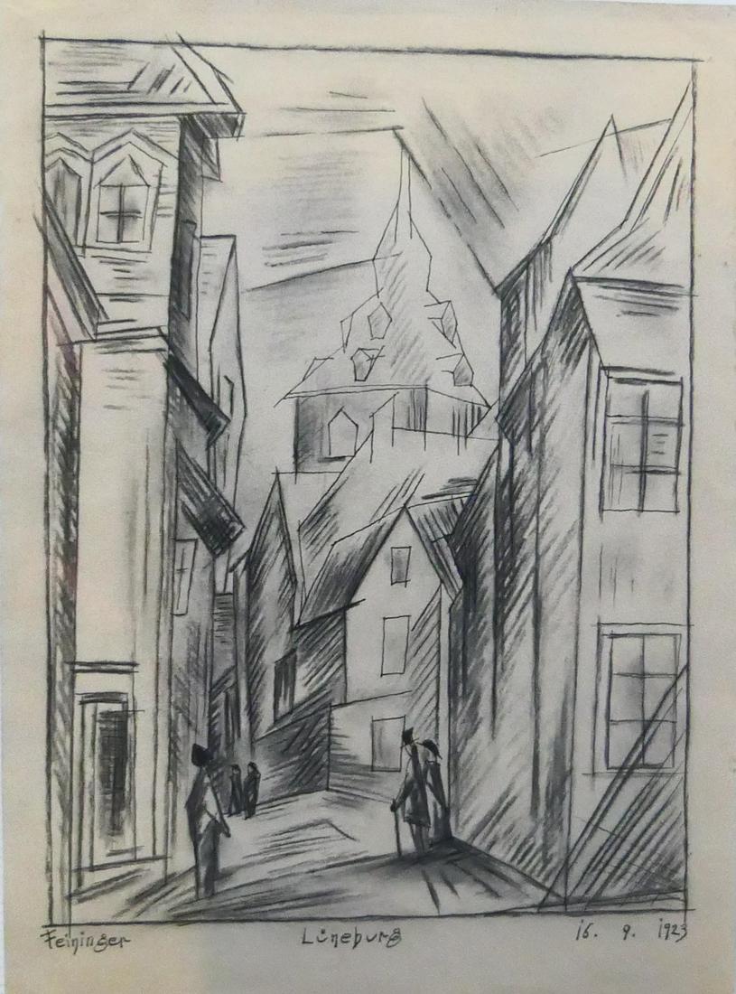 LYONEL FEININGER (USA 1871-1956) TOWNSCAPE DRAWING: Attributed to Lyonel Feininger (UNITED STATES / NEW YORK / CALIFONIA / NEW JERSEY, 1871 - 1956) pencil drawing on paper depicting a Luneburg, Germany townscape scene. Dated 16-9-1923 to lower right an