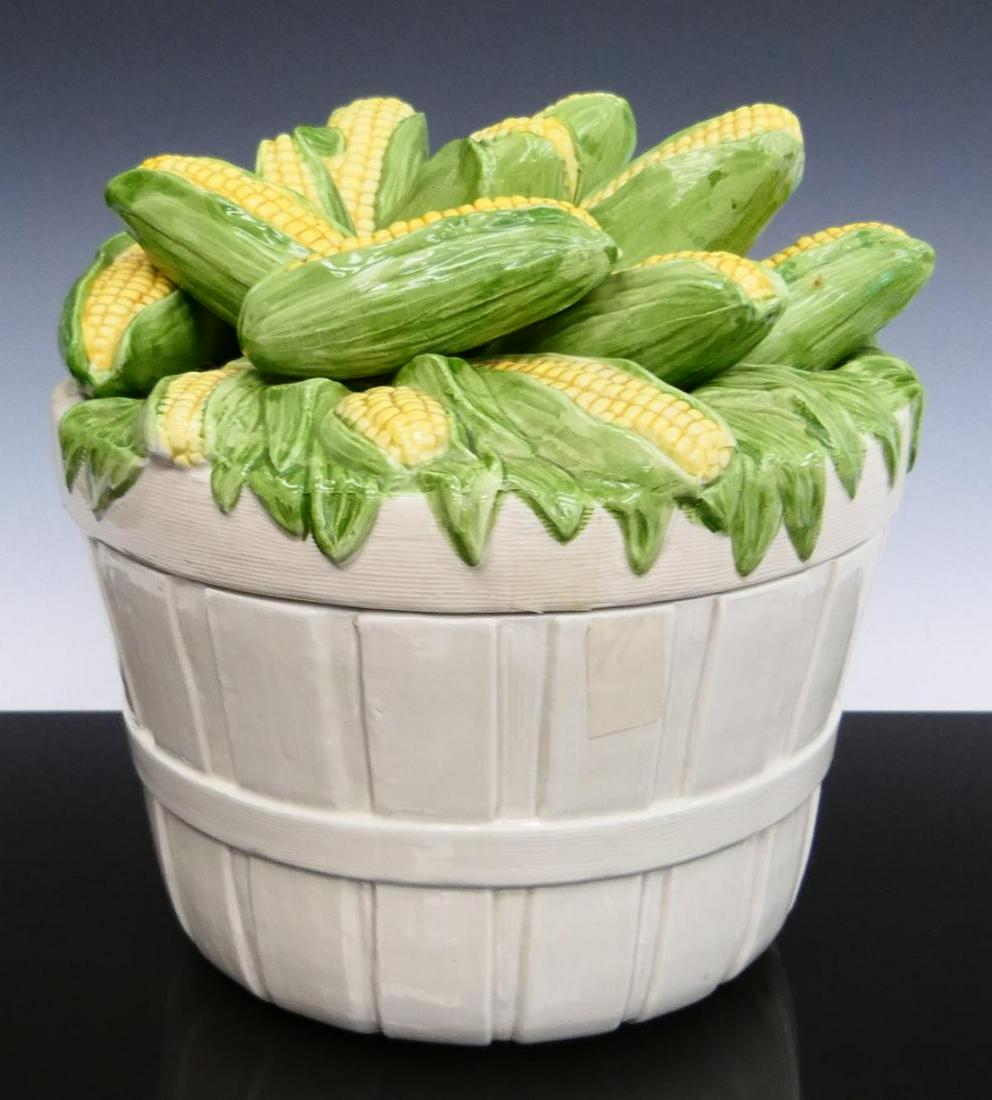 1988 FITZ & FLOYD CORN BASKET COVERED TUREEN: 1988 Fitz & Floyd majolica porcelain covered tureen with figural corn design to cover. Measures 9 3/8" tall x 9 1/2" diameter. third party shipping required