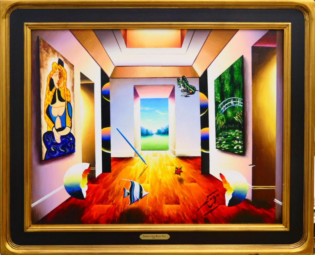 FERJO (BRAZIL b1946) INTERIOR OIL PAINTING ON CANV: Fernando "Ferjo" de Jesus Oliveira (BRAZILIAN / UNITED STATES / PENNSYLVANIA, Born 1946) original oil painting on canvas depicting an interior scene with fish, egg, butterfly, pencil and paintings. Ti