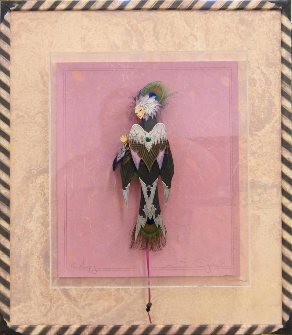 DEE SEGULA " THE HARPY" PUPPET IN LUCITE CASE: Total frame size measures 22" X 26" . Lucite frame measures 14" X 16" and puppet herself measures about 14" long. Signed . third party signature required