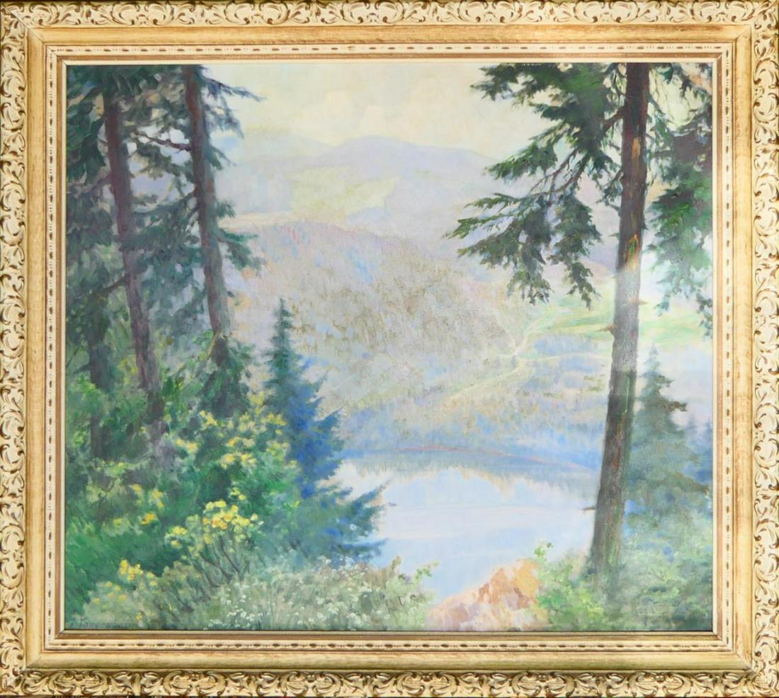 CLARA E LANGENBACH (CANADA 1871-1964) LANSCAPE OIL: Clara Emma Langenbach (CANADIAN / AMERICAN / NEW YORK, 1871 - 1964) landscape oil painting on artist board depicting mountains and lake. Signed "E. Langenbach" to lower left. Mounted in a wooden frame
