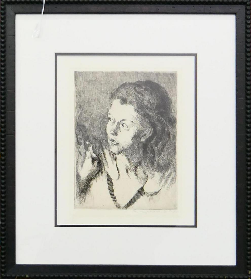 RAPHAEL SOYER (USA 1899-1987) "GIRL IN DOORWAY": Raphael Soyer (AMERICAN / NEW YORK, 1899 - 1987) limited edition etching with aquatint titled "Girl in Doorway". Pencil signed to lower right. Limited edition of 250. Mounted in a black painted wooden