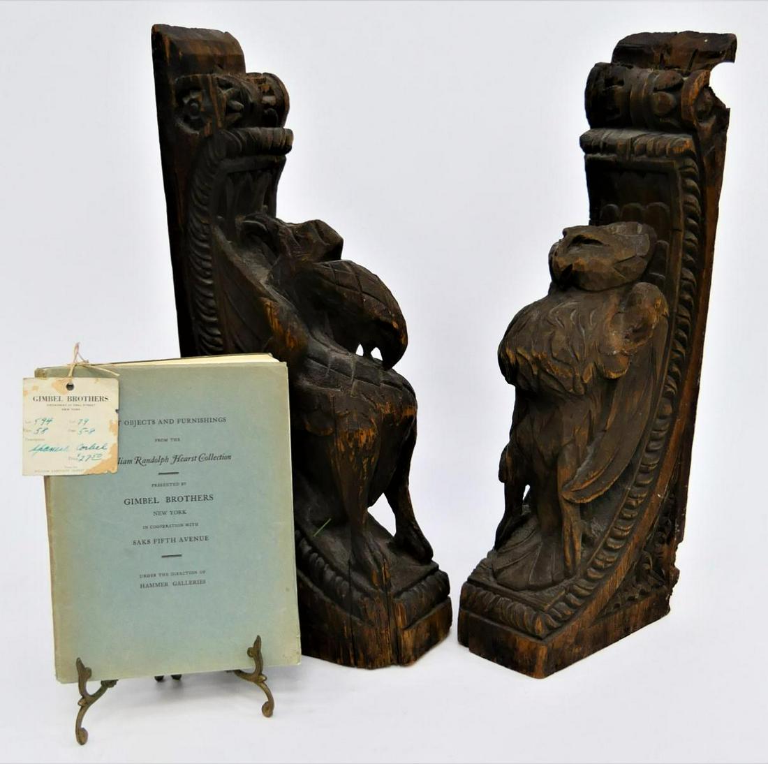 Wm RANDOLPH HEARST COLLECTION 15th C CORBELS: A pair of 15th century Spanish carved wooden corbels having eagle design. Each measures approx. 22 1/2" height x 5" width x 8 3/4" depth (57cm x 12.7cm x 22.2cm). Provenance: William Randolph Hearst C