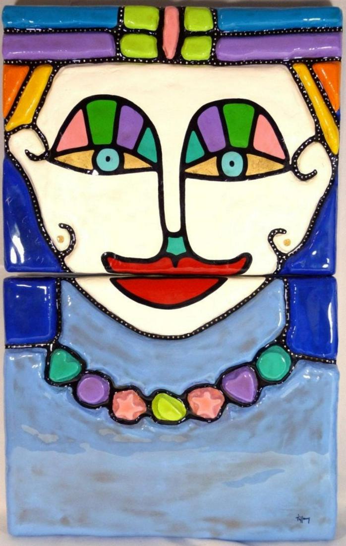 LEE WILSON TIFFANY PAINTED WALL SCULPTURE: Lee Wilson Tiffany modern art papier mache sculpture. Comes in two pieces, signed to bottom of second half and also signed to the back of each piece. Both pieces together measures 29" (74cm) height by