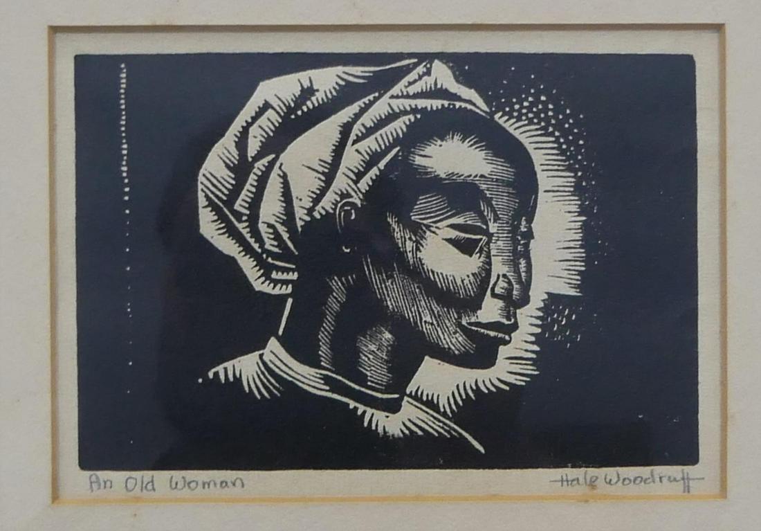 HALE ASPACIO WOODRUFF ORIGINAL ETCHING SIGNED: Titled "The old Woman". From one of the U.S. great early African American Artists. Measures 6 1/2 X 4 1/2 plus frame. Signed in pencil. Very rare piece. Third party shipping required