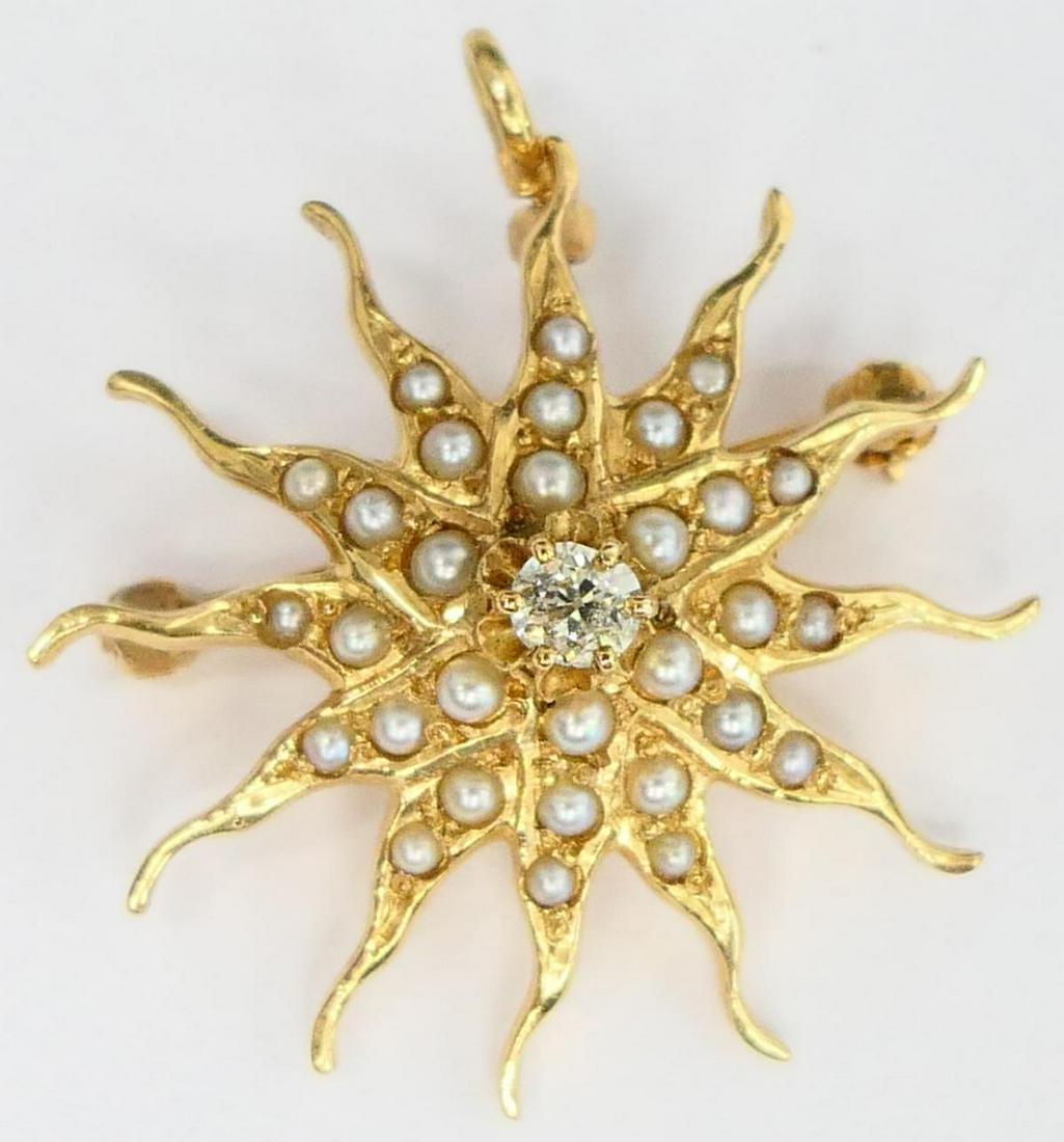SMALL 14KT Y GOLD SUNBURST PIN DIAMOND SEED PEARLS (1 of 6)