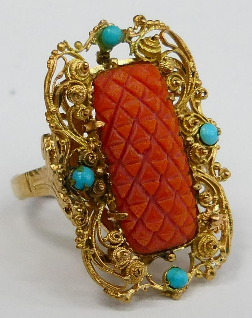 VINTAGE 14KT Y GOLD CORAL TURQUOISE LADIES RING (1 of 5)