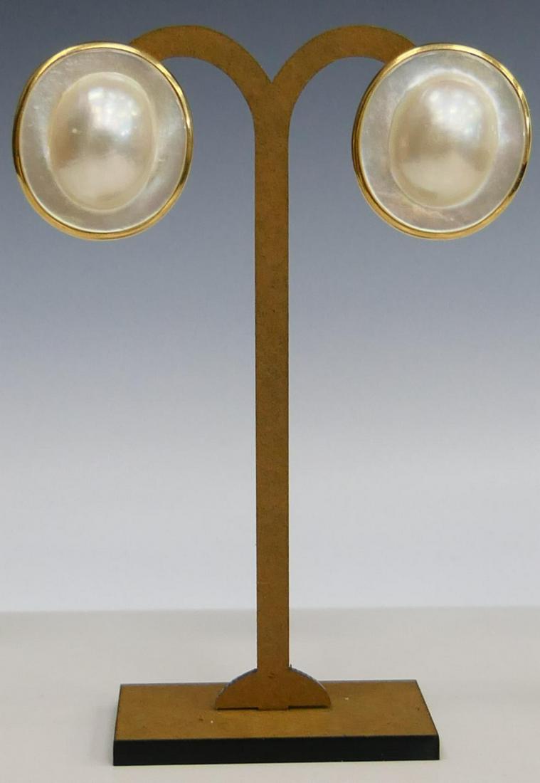 PAIR 14KT PLUMB EARRINGS WITH LARGE BLISTER PEARL (1 of 3)
