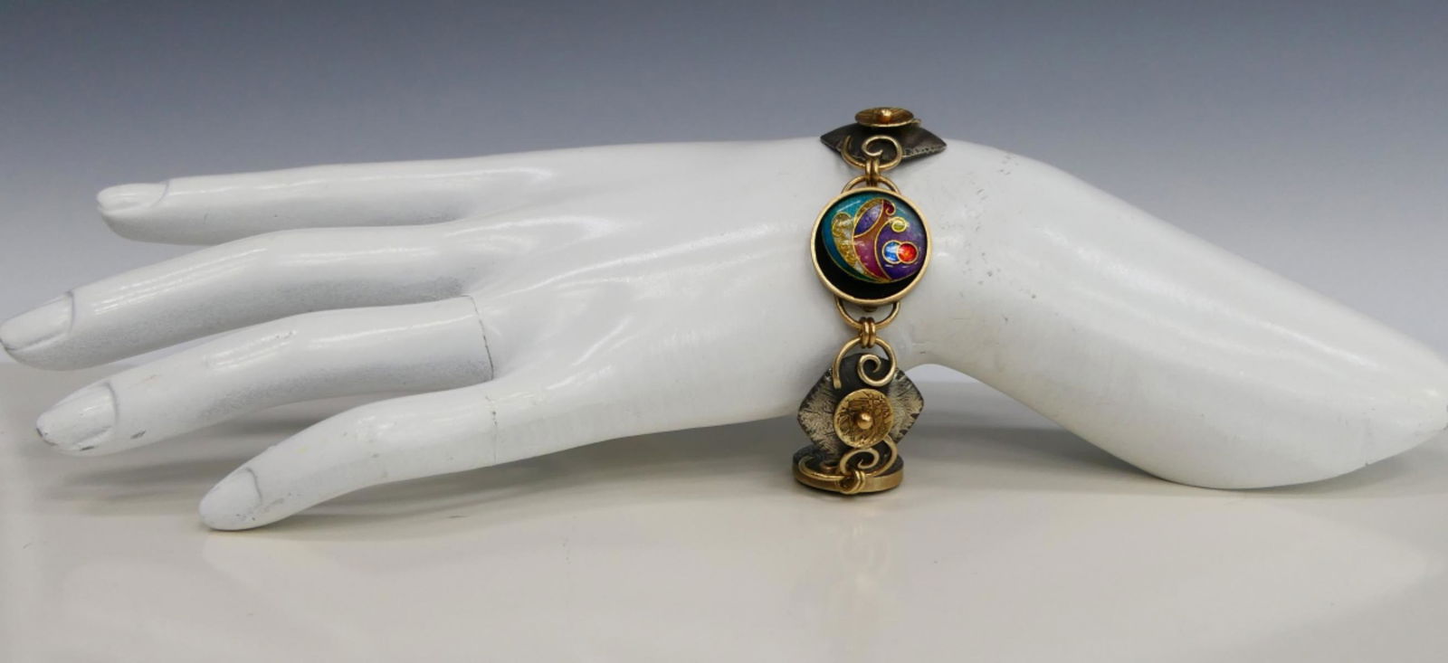 UNUSUAL 14KT Y. GOLD SILVER & ENAMELED BRACELET (1 of 8)