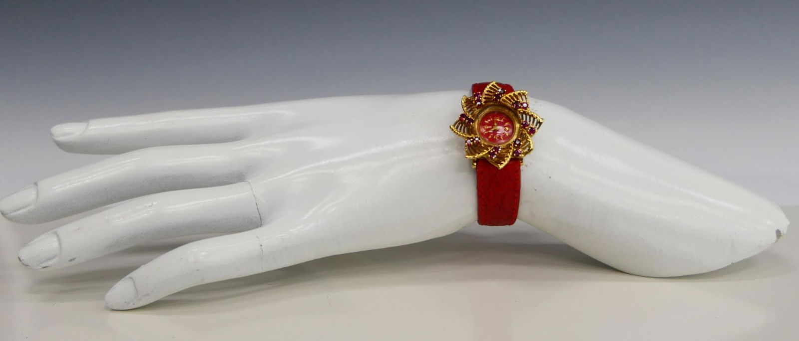 14 KT Y GOLD AND RUBY ROSE WATCH RED STRAP (1 of 5)