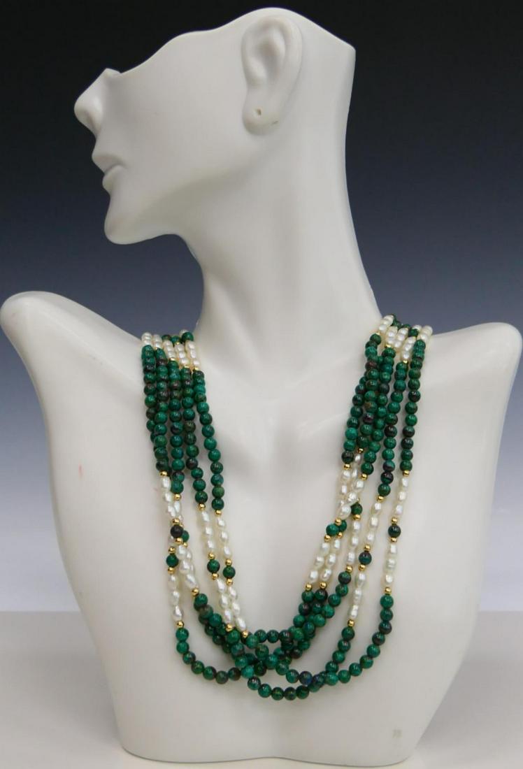 14KT GOLD MALACHITE & PEARL MULTI STRAND NECKLACE (1 of 4)