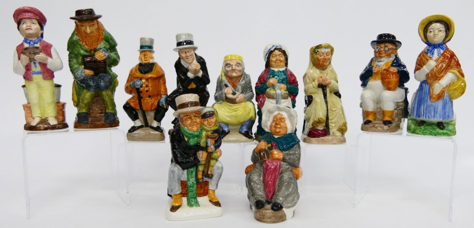 WOOD & SONS DICKENS TOBY MUGS SET OF (11): To include: Mr Mcawber, Miss Havisham, Peggofty, Uriah Heep, Scrooge, Fagin, Oliver Twist, Mr Pickwick, Bob Cratchet and Tiny tim, Little Nell, Mrs gamp. Third party shipping required
