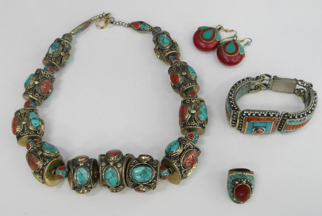 LARGE TURQUOISE & RED CORAL PARURE JEWELRY SET (1 of 6)