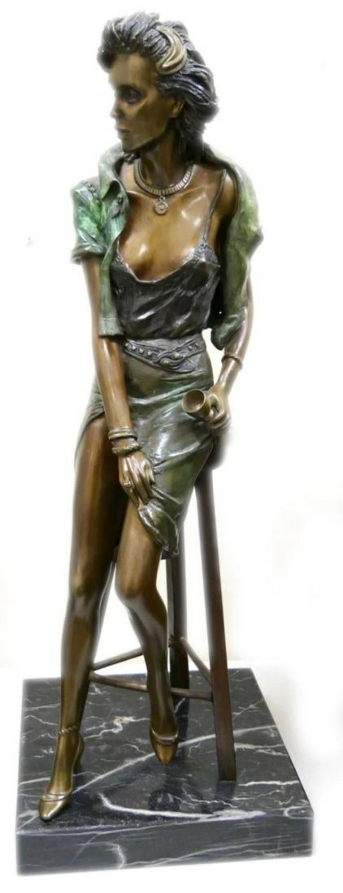 RICHARD SHILOH (POLISH b1946) BRONZE SCULPTURE: Richard Shiloh (POLISH / ISRAELI, born 1946) large and heavy bronze sculpture depicting a seated woman holding a chalice. Completed with a brown patina at skin areas and green patina on her clothes. S