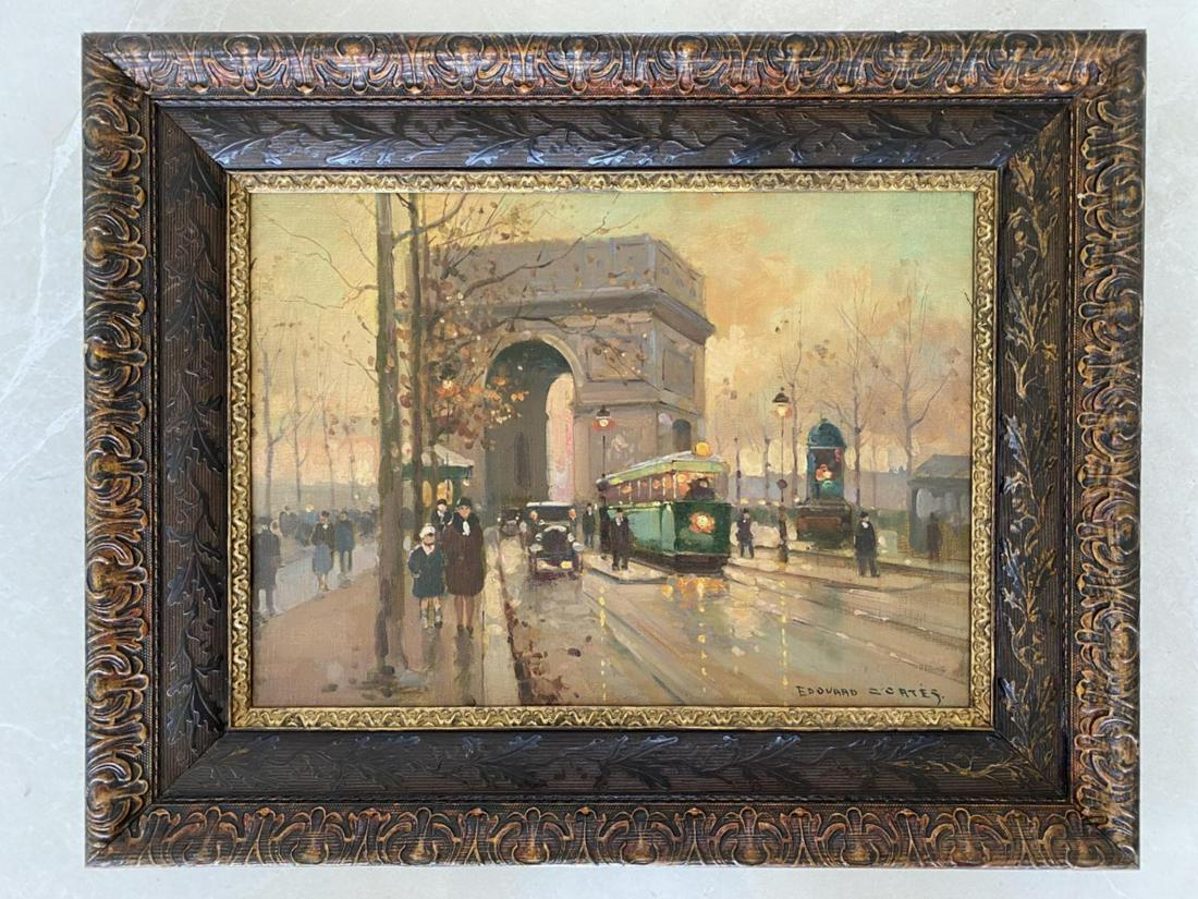 EDOUARD CORTES (FRENCH 1882-1969) STREET SCENE OIL: After Edouard Leon Cortes (FRENCH, 1882 - 1969) oil painting on canvas depicting a French Impressionist Paris street scene with a view of the Arc d'Triomphe. Signed to lower right. Mounted in a copper