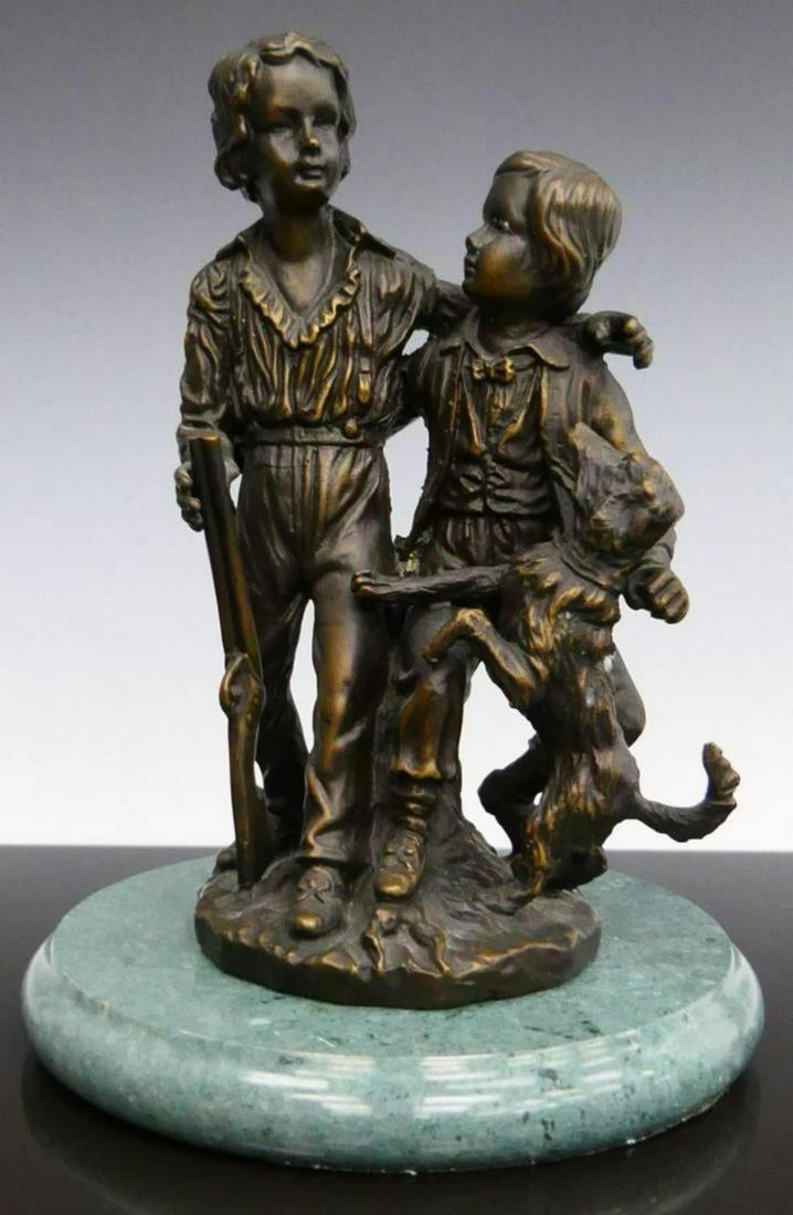 SMALL BRONZE STATUE OF 2 PALS AND DOG ON BASE (1 of 3)