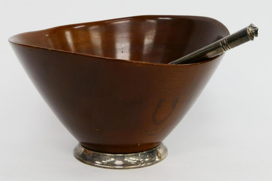 MID CENTURY STERLING SILVER & MAHOGANY SALAD BOWL: A mid century Modernist sterling silver and mahogany wooden salad serving bowl with serving fork and spoon by Shelley Silver Company. Bowl measures approx. 7 1/4" height x 11 1/2" diameter (18.4cm x 2