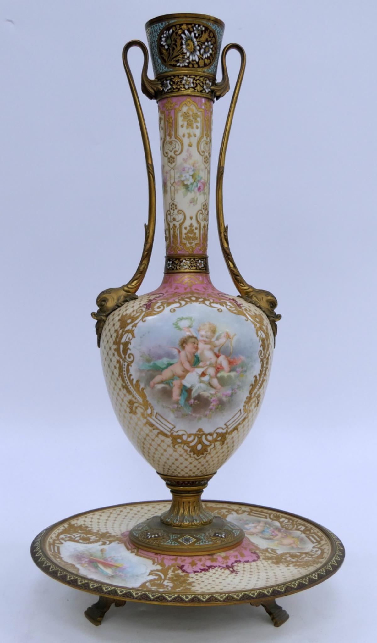 HUGE SEVRES STYLE HAND PAINTED VASE AND TRAY (1 of 15)