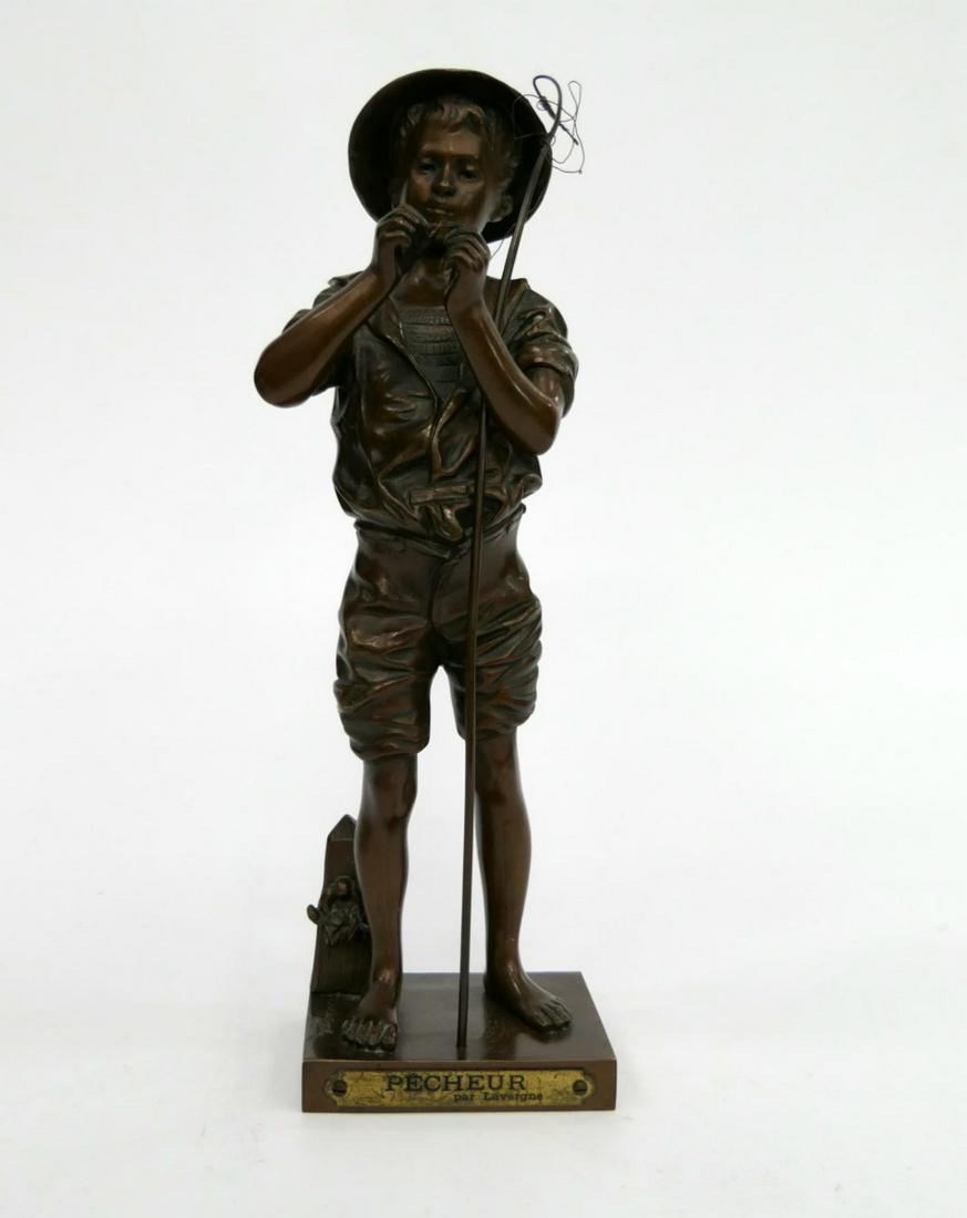 ADOLPHE JEAN LAVERGNE (1863-1928) FRENCH BRONZE: Antique bronze of a boy fishing, signed by Lavergne. Stands 12 1/2" tall. Titled Pecheur. From a Palm Beach estate bought many years ago.