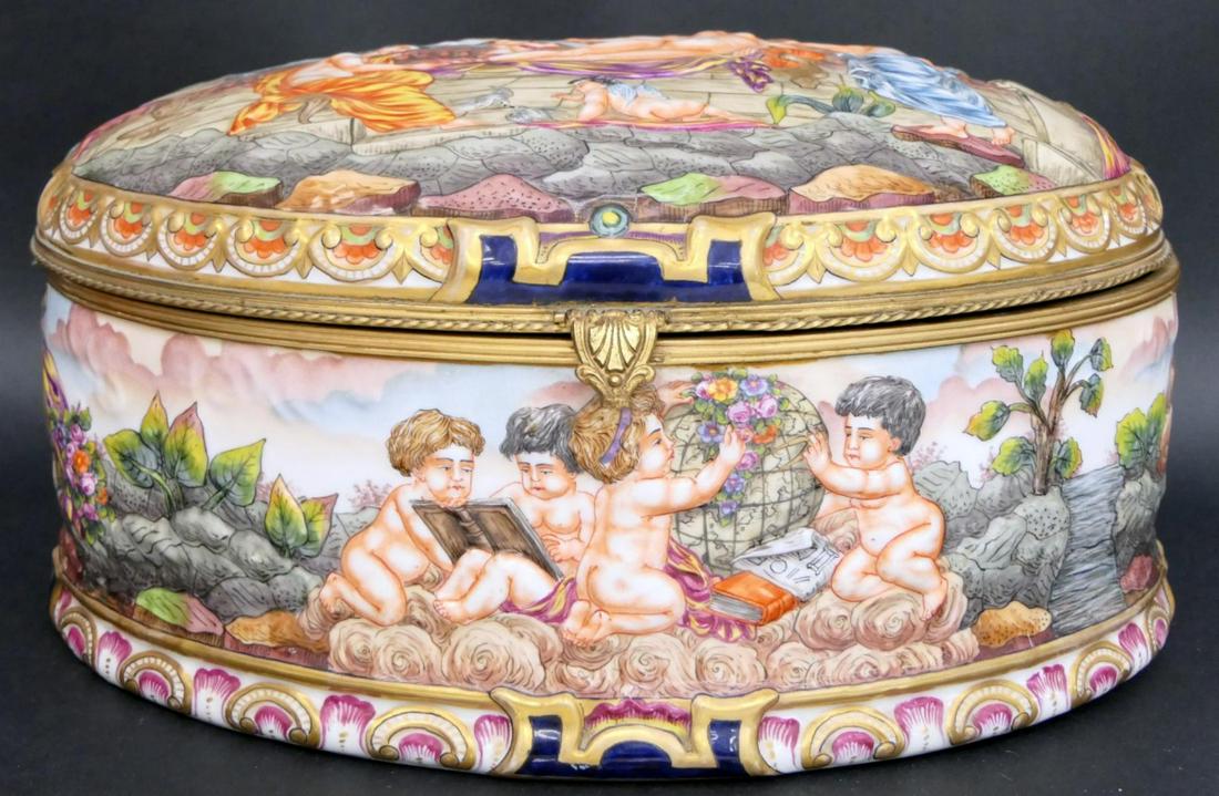 HUGE VINTAGE CAPODIMONTE DRESSER CASKET RELIEF: 14" Long, 9" wide, 6" high. Box decorated throughout with mythological figures in high relief. Bears the Capodimonte mark to base, along with export label. In addition there is a spurious made in Fran
