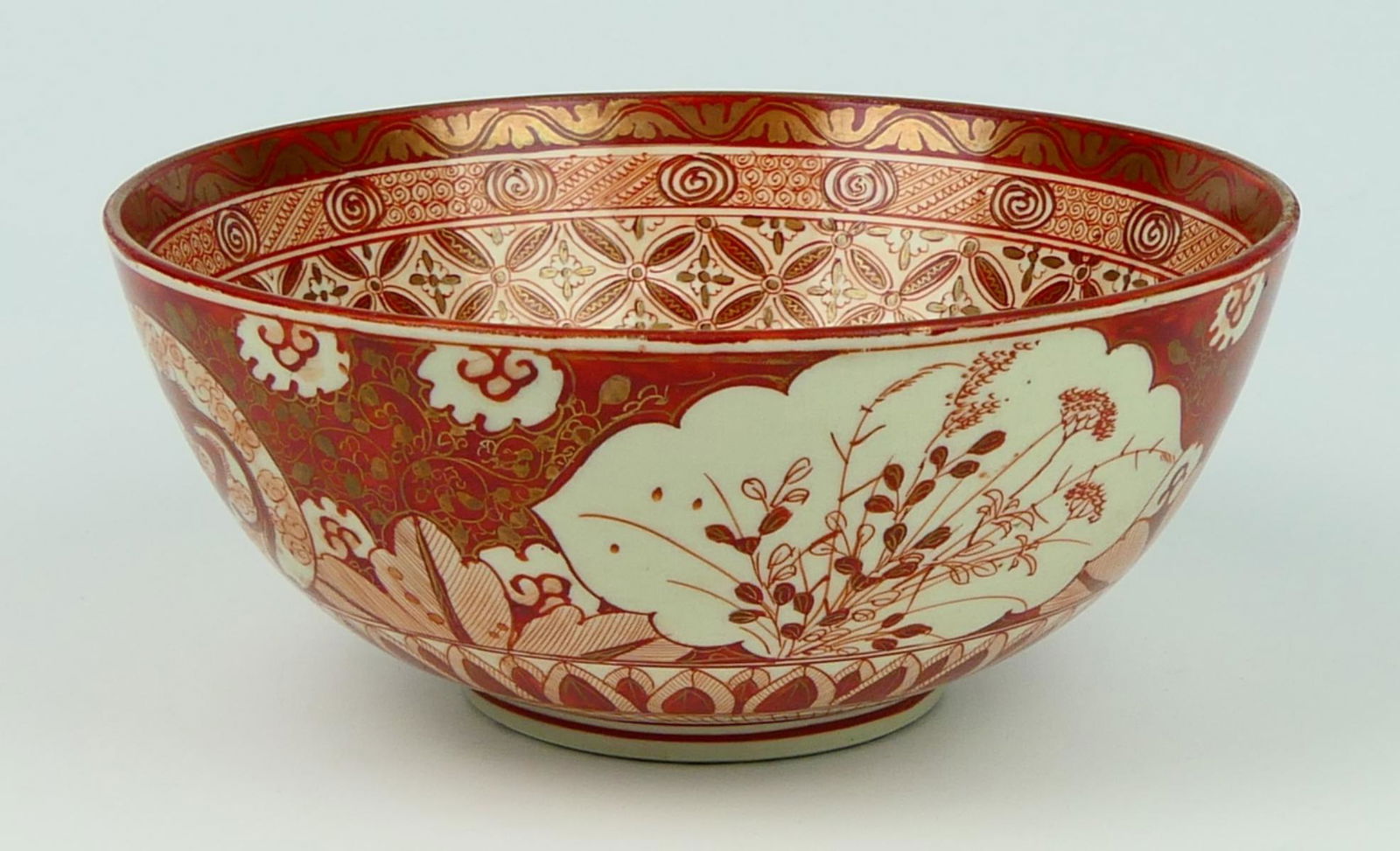 19th C JAPANESE KUTANI IRON RED ROUND DRAGONS BOWL (1 of 8)