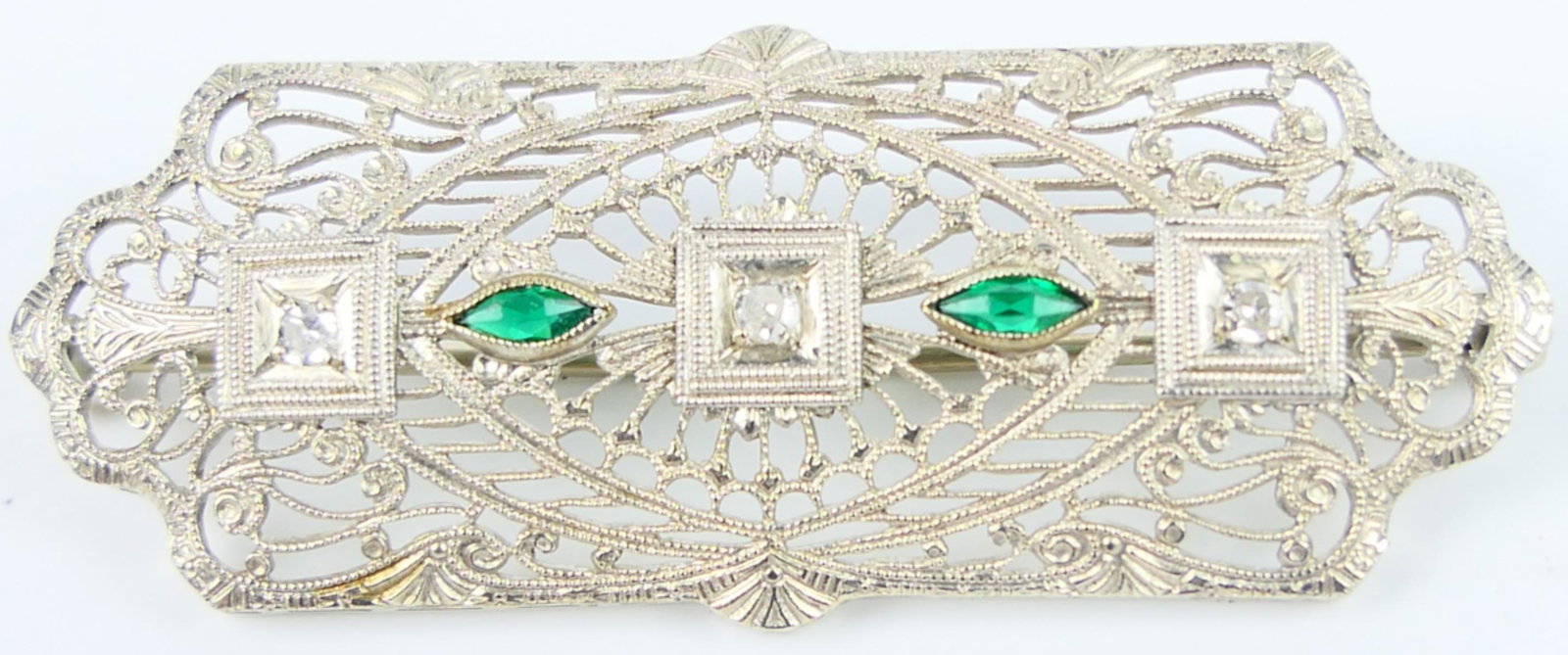 ORIGINAL DECO DIAMOND & EMERALD 14 KT  BROOCH (1 of 3)