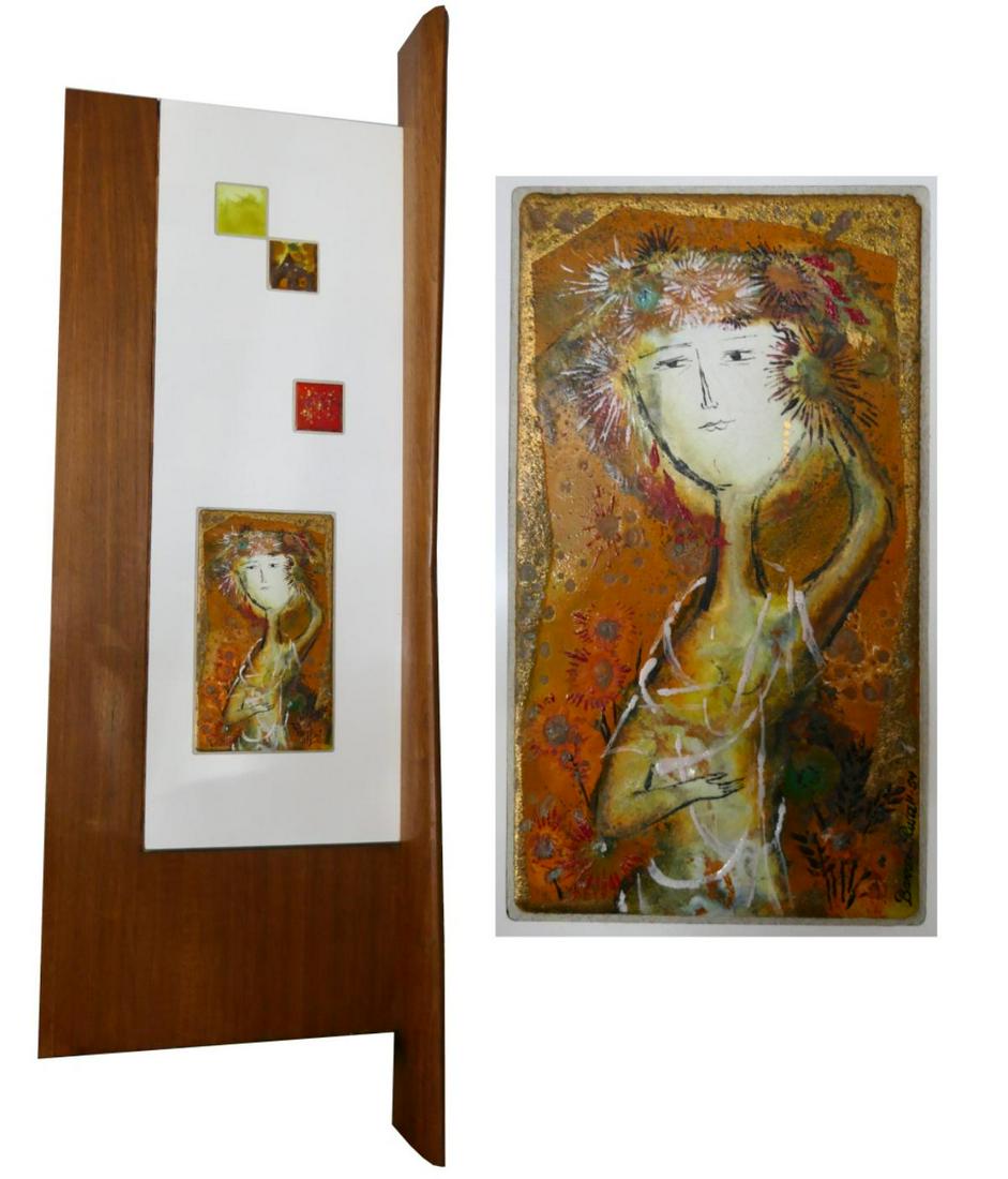 GERTRUDE BARRER (USA 1921-1992) PAINTED TILES: Gertrude Barrer Russell (UNITED STATES / NEW YORK, 1921 - 1992) painting on tiles laid in a modernist design wooden frame. Largest tile depicting a figure. Signed "Barrer-Russell" and dated 1954. Meas