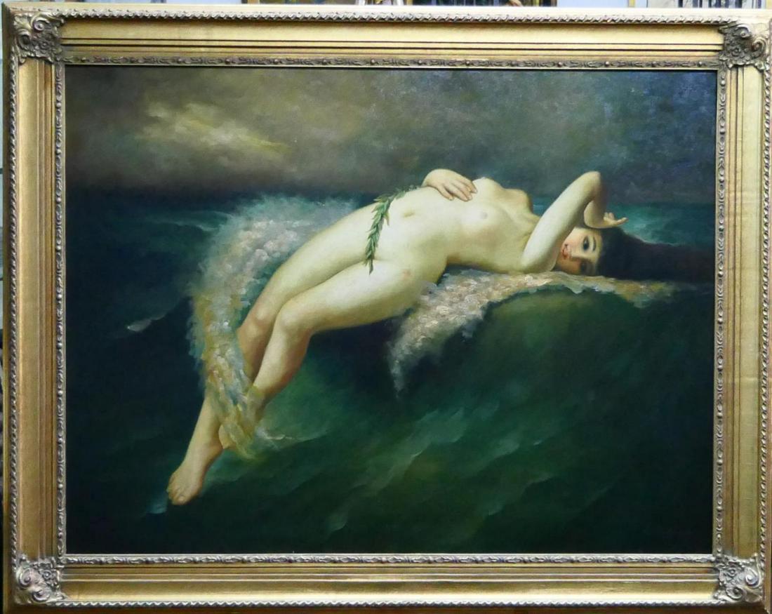 N HENRY BINGHAM (USA B1939) OIL PAINTING OF NUDE: N Henry Bingham (AMERICAN, born 1939) large oil painting on canvas depicting a reclining nude female with aqua green ground. Signed to lower right. Mounted in a gold gilt wooden frame. Canvas on stret